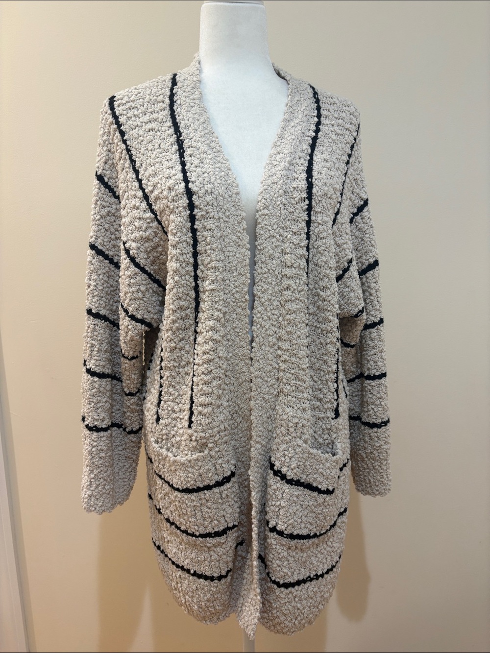 Bobeau Popcorn Boucle Striped Open Cardigan